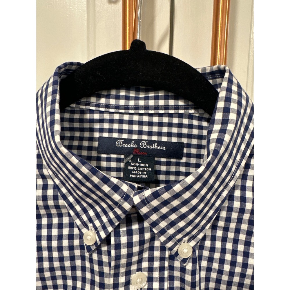 Brooks Brothers Fleece Navy White Gingham preppy Cotton Button Down Shirt L - Picture 2 of 8
